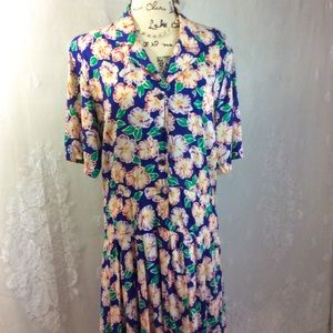 Vintage Liz Claiborne Blue Hibiscus Midi Dress 10
